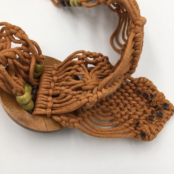 Wide Macrame Woven Belt, Brown Green Wood Buckle & Beads, BOHO 70’s Style - Picture 4 of 4